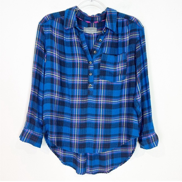 ANTHROPOLOGIE BLUE PLAID ISADORA BUTTON BACK TUNIC BLOUSE WOMENS SZ SMALL PETITE - Picture 9 of 9